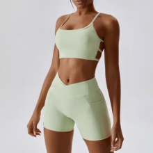 Wholesale Fitness Yoga Wear 2 Piece Active Wear Set Women Gym Multi Strap Open Back Sports Bra Front Cross Over Mini Shorts Set thumbnail-2