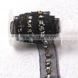 Embroidery Thread Plastic and Beads on Black Mesh Trim for Decoration on Dress/textile
