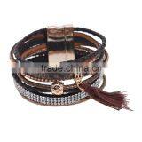 New Tassel Crystal Leather Bangle Fashion Rhinestone Wrap Leather Bracelet Multilayer Bangles thumbnail-1