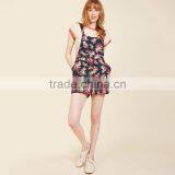 Navy Floral Wide Adjustable Straps Lady's Short Overall With Pockets thumbnail-6