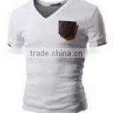 Mens V-Neck T-shirts With Contrast Leather Pocket thumbnail-2