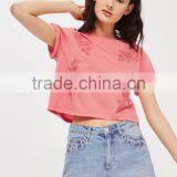 MGOO High Quality 100% Cotton Cuffed Short Sleeves Tank Top Womens Custom Floral Embroidered Crop Top thumbnail-3