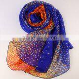 Crystal Blue Silk Scarf With Orange Dot Print - Polka Dot Printed Blue and Orange Silk Scarf thumbnail-4