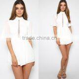 High Neck Lace Zipper Back White Short Jumpsuits Women Chiffon Playsuit thumbnail-4
