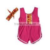 Newest summer style customzied hot pink white lace ruffle cotton baby girls romper