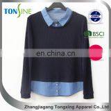 Women's Long Sleeve Top With Denim Neckline thumbnail-1