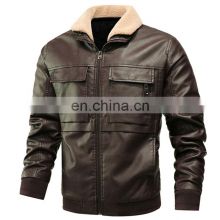 Leather Jacket Men Casual Fashion Motorcycle Turn Down Collar Fleece Leather Fashion Jacket