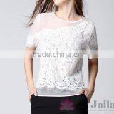 2016 Summer Fashion Lady False Two-piece Lace Macrame Short Sleeves T-shirt 149 thumbnail-1