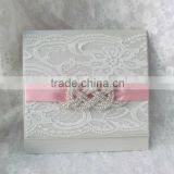 Attractive White Lace Wedding Invitation Cards With Pink Ribbons and Brooches Quality Choice thumbnail-1