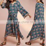 Boho Printed Long Sleeve Tie-Waist Details Frog Women Maxi Dress HSd5208 thumbnail-1