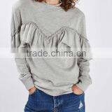 Wholesale China Cotton Polyester Blend Grey Heather Women Long Sleeve Jersey Ruffle Shoulder Sweatshirt thumbnail-2