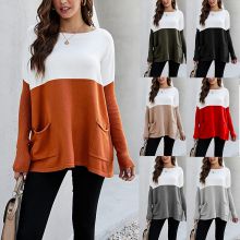 Loose Knit Long Sleeve Sweater Color Blocking Pocket Pullover Top