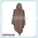 2015 Women Fashion Warm Fur Hooded Crochet Knit Poncho Sweater With Collar thumbnail-1