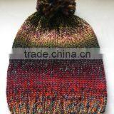 Fancy Acrylic Roving Yarn Girls Knitted Beanie Hat With Big Pompon thumbnail-2