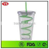 16 ounce Eco-friendly plastic drinking mug tumbler with curly straw