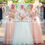 2016 African Arabic Muslim Bridesmaid Dresses Long Sleeves Beads Crystals Pink Formal Evening Gowns CWFE2320