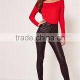 Red Opening Soulder Raglan Sleeve Bodysuit Cotton Blends Long Sleeve Sexy Plain Sweater thumbnail-3