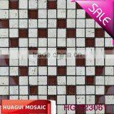 Top grade reddish brown crystal glass mix white traverine mosaic tile for kitchen decoration