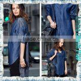 Long Sleeve Patches Longline Jean Shirts for Ladies thumbnail-4