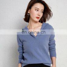 Women Cashmere Wool Rib Knit V Neck Cashmere Hoodie Sweater thumbnail-2