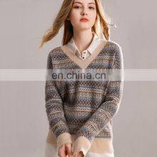 Women Casual V Neck Custom Design Printed Jacquard Cashmere Sweater thumbnail-4