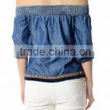 Latest Design off Shoulder Smocking Chambray Woman Tops thumbnail-5
