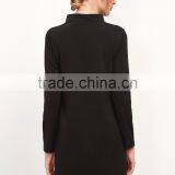 Black Stand Collar Contrast Pockets Zipper Dress Cotton Spandex Long Sleeve Color Block Casual Short Dress thumbnail-5