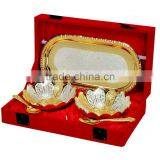 Silver & Gold Plated Embossed 2 Piece Brass Kamal Serving Bowl With Spoon & Tray Gift Box Set thumbnail-1