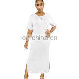 Wholesales Best Seller Women Solid Color Casual Long Dresses Ladies Split O-Neck Dresses Women Summer Dresses thumbnail-6