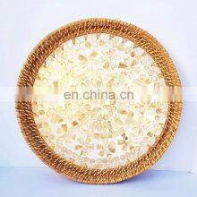 Small Rattan Mother of Pearl Tray, Round Wicker Tray For Table Handwoven Basket for Breakfast Wholesale thumbnail-1