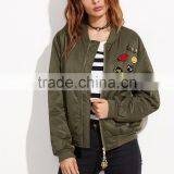 Olive Green Patch Bomber Jacket Wholesale Custom 100% Polyester Lovely Pins Ribbed Trim Satin Winter Jacket thumbnail-2