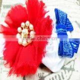 Fourth of July Girls Chiffon Shabby Flower Headbands With Pearl Rhinestoned Buttons thumbnail-4