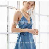 Apparel Denim Sexy Blue Plunge Neck Dress Spaghetti Strap Sashes Wrap Dresses Backless Sleeveless Street A-line Dress thumbnail-2