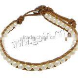 Glass Pearl Wrap Bracelet, With Cowhide, Brass Clasp thumbnail-1