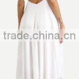 2016 Beach Wear White Spaghetti Strap Tassel Backless Sleeveless V Neck Asymmetrical High Low Midi Dress thumbnail-2