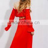 New Design 2017 Summer Two Piece Set Party Sexy Dress Women Vintage Club Off Shoulder Chiffon Red Long Maxi Dress thumbnail-4
