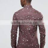 Long Sleeve Spread Collar Mens Pre-Shrunk 97% Cotton 3% Elastane Breathable Slim Fit Casual Brown Printing Shirts thumbnail-2