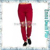 2017 Women High End Gold Zippers Knee Burgundy Jogger Pants thumbnail-2