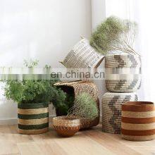Hot Sale Natural and Black Patterned Basket Multiuse Seagrass Storage Basket Plant Holder Planter Pot Basket With Color String thumbnail-4