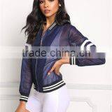 MGOO New Arrival Baseball Mesh Jackets Women Stripe Long Sleeves Fashion Zip Up Bomber Jackets 100 Cotton thumbnail-2