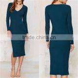 Women New Model Ladies Emerald Green Plunging Neckline Midi Bandage Long Sleeve Prom Dress thumbnail-1