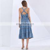 TWOTWINSTYLE Square Collar Sleeveless High Waist Cross Sling Midi Ladies Denim Dresses thumbnail-7