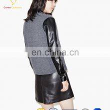 Woolen Female Cardigan Sweater With Leather Sleeve thumbnail-2