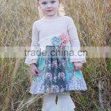 Wholesale Long Sleeve Chevron Floral Dress Matching Lace Ruffle Pants Baby Girls Clothing Sets thumbnail-1