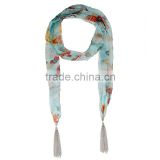 2015 New design functional butterfly print scarf, summer flower tassel scarf