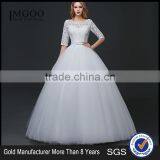 MGOO Custom Made Less 100 USD Tulle Lace Applique Wedding Dress Slash Neck 3/4 Sheer Neck Elegant Handmade thumbnail-1