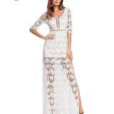 V-neck Lace Hook Hollowed Out Pure Color Long Dress