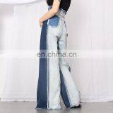 Denim Patchwork High Waist Pocket Hit Color Large Size Wide Leg Pants Female 2020 thumbnail-6