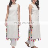 Latest Elegant Off White Printed Sleeveless Pathani Kurta With Pom Pom Trim Designer Long Kurti Designs HSd5016