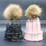 Factory supply 2016 thicken woman knited beanie hat with large size 15 cm raccoon fur poms Wool Caps